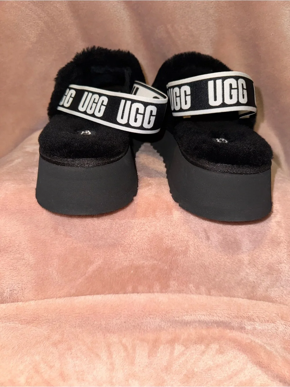 UGG Black Fuzz Platform Slingback Sandals